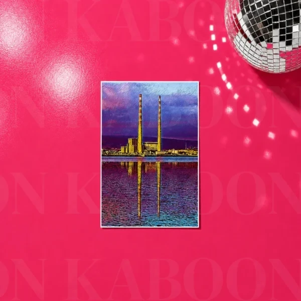 Poolbeg Towers Purple Print in A5 size on a bright pink background