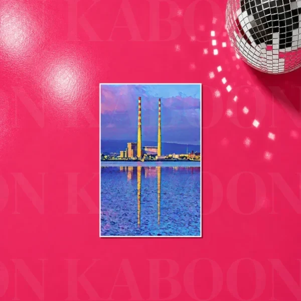 Poolbeg Towers Pastel Print in A5 size on a bright pink background