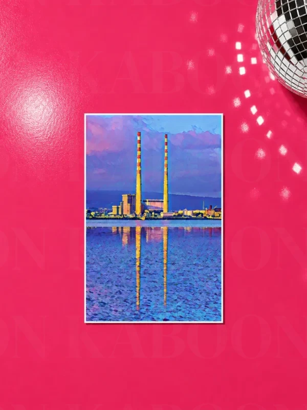 Poolbeg Towers Pastel Print in A5 size on a bright pink background