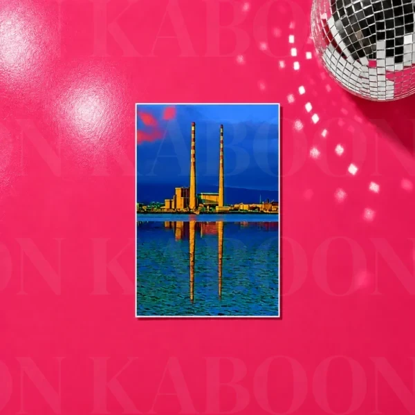 Poolbeg Towers Blue Print in A5 size on a bright pink background