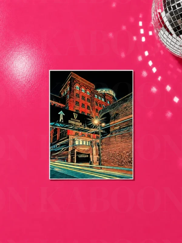 Guinness Factory James's Gate at Dusk Print in A5 size on a bright pink background