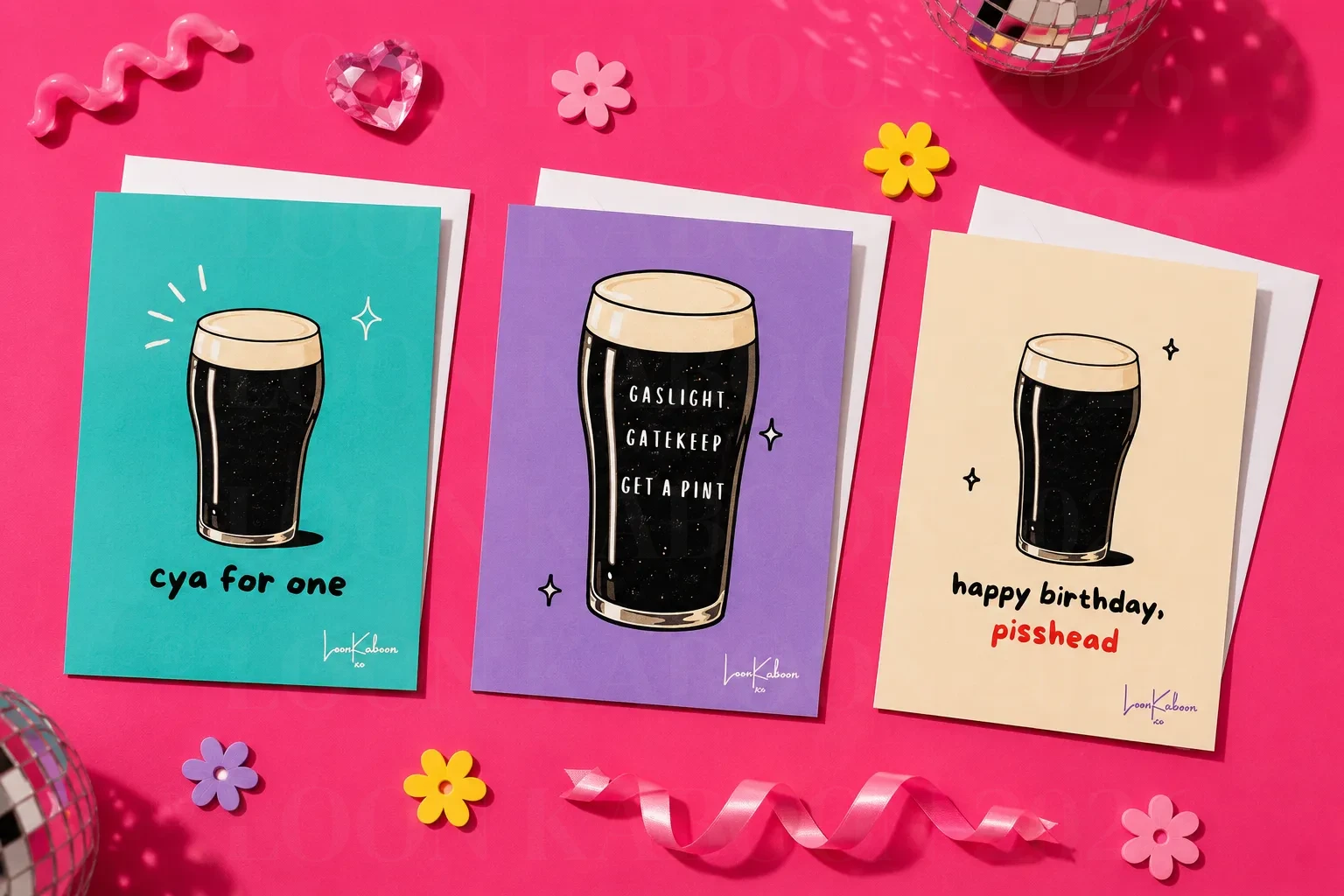 Three colourful Guinness pint greeting cards by Loon Kaboon