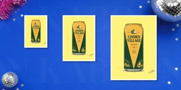 Retro Layered Linden Village Cider Can Print – A5, A4 and A3 size comparison