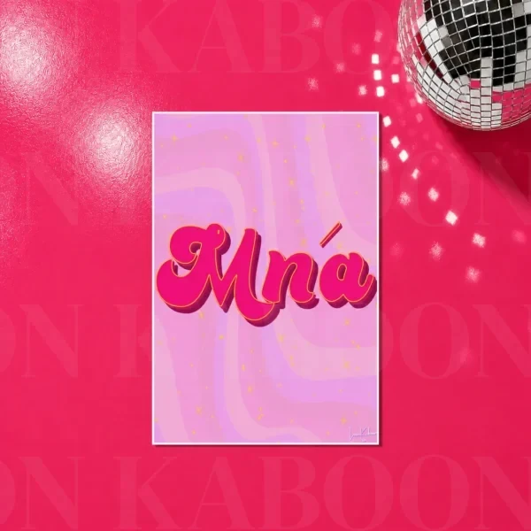 Mná Print product mockup on pink background