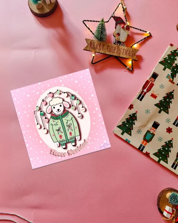 Fleece Navidad sheep Christmas card by Loon Kaboon
