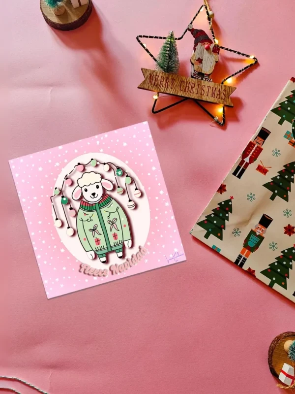 Fleece Navidad Flatlay Fleece Navidad sheep Christmas card by Loon Kaboon