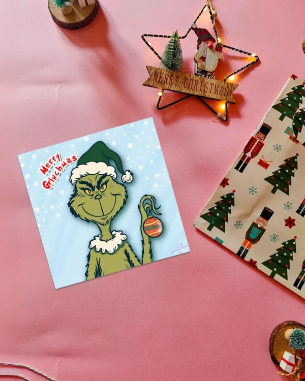 Grinchmas Flatlay Merry Grinchmas illustrated Christmas card by Loon Kaboon