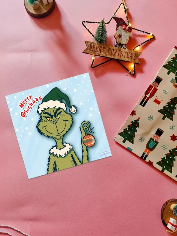 Grinchmas Flatlay Merry Grinchmas illustrated Christmas card by Loon Kaboon