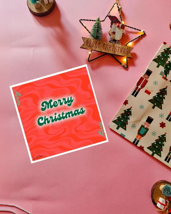 Merry Christmas Card Flatlay Retro Merry Christmas card in red and green by Loon Kaboon