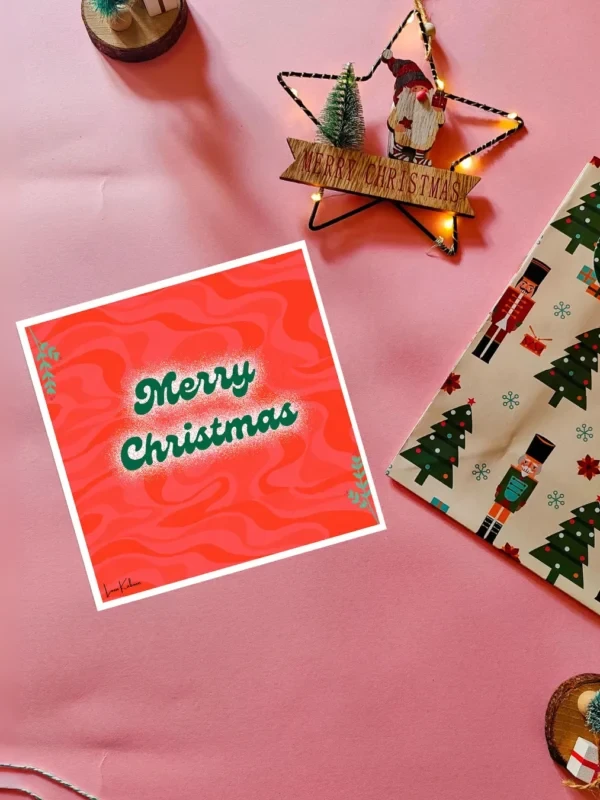 Merry Christmas Card Flatlay Retro Merry Christmas card in red and green by Loon Kaboon