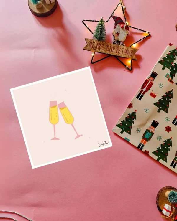 Prosecco Card Flatlay Prosecco Christmas card with two champagne glasses by Loon Kaboon